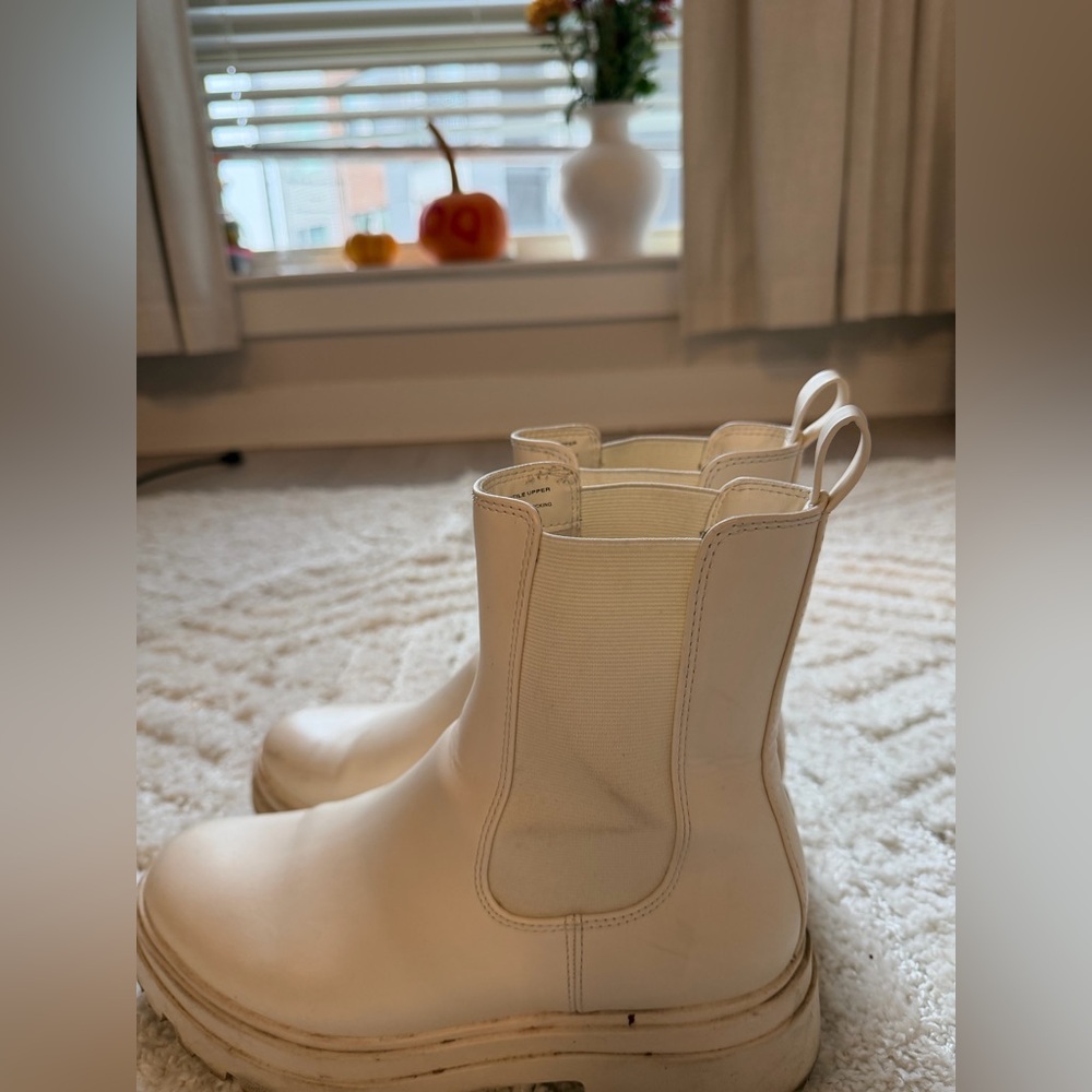Cream colored rubber boots